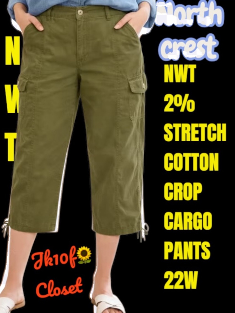 LOWEST🌺 NWT NORTHCREST Sz22W OLIVE GREEN COTTON w/2% SPANDEX CROP CARGO PANTS